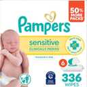 Pampers Sensitive Baby Wipes, Water Based, Clinically Proven, Hypoallergenic, and Unscented for Babies, 336 Wipes Total (6 Flip-Top Packs) 