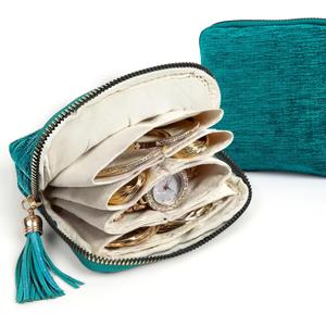 LOTOFUN Jewelry Organizer Case for Travel: 5-Layer Velvet Zipper Pouch Bag for Bangles Link Bracelets Storage Protect from Tangle Scratch (Peacock Blue)