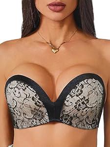 zossav Lace Strapless Bra Non-Slip No Underwire Padded Bandeau Two Tone Effect Convertible Straps 38B