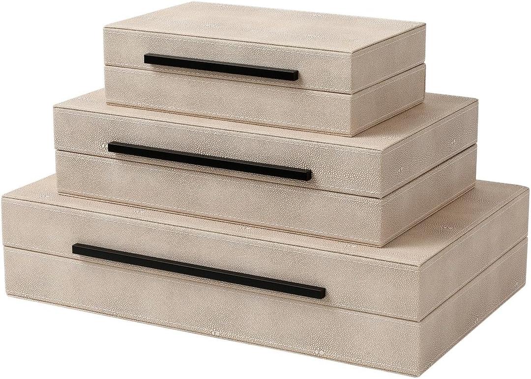 Decorative Boxes with Lids, Set of 3 Faux Leather Decorative Box, Large Modern Nesting Storage Decorative Boxes with Lids for Home Decor, Jewelry Boxes, Photo Boxes, Organizer Box (Ivory)