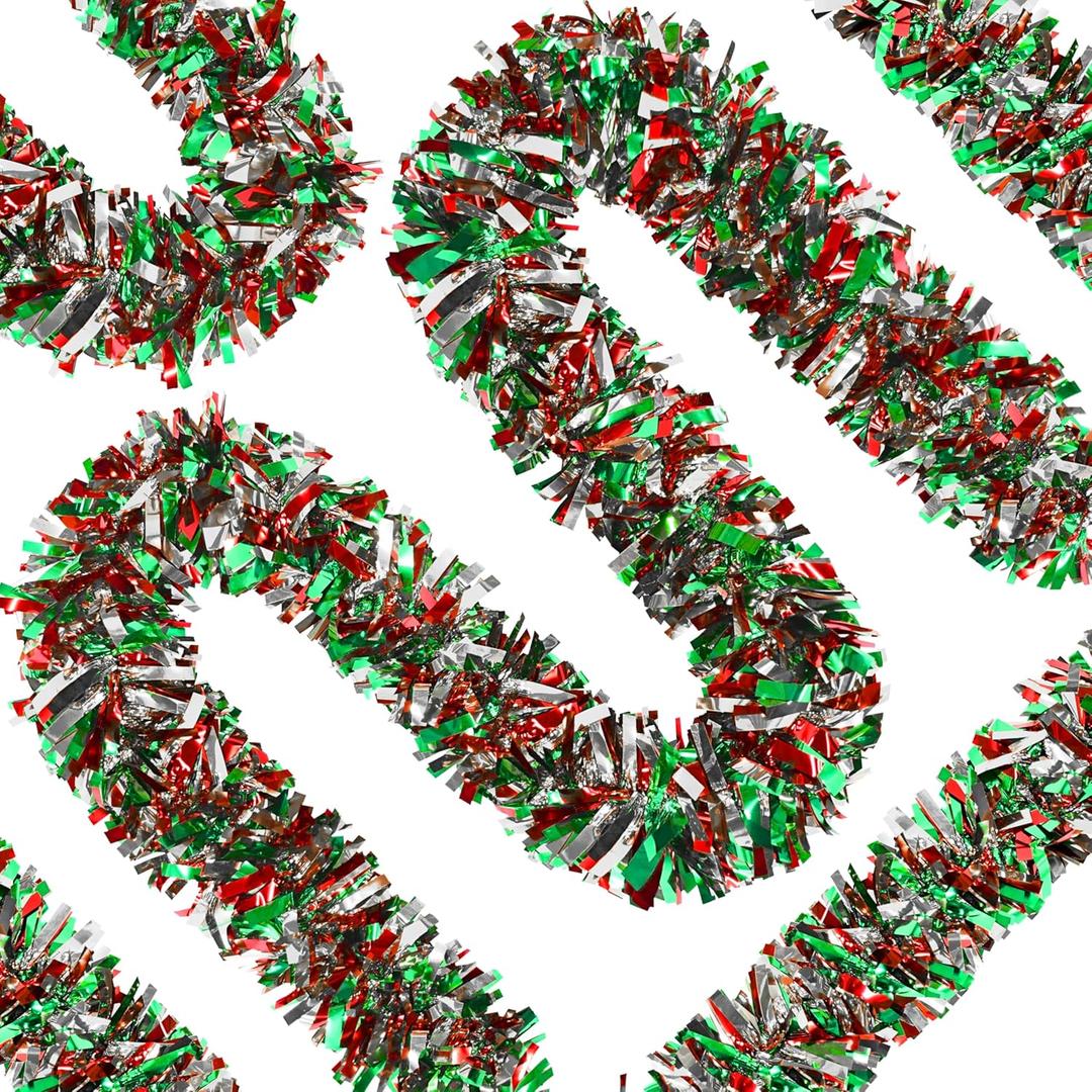 66 Ft Christmas Tinsel Garland Thick Tinsel Garland Xmas Tree Decorations Metallic Tinsel Twist Garland for Christmas, Birthday, Party Decor Indoor Outdoor Party Supplies (Green-Red-Silver)