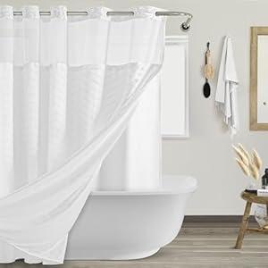 PANGSINNE No Hooks Shower Curtain with Snap in Liner, White Boho Fabric Tufted Chevron Striped Textured Shower Curtains for Bathroom, Water Repellent Hotel Quality Luxury Bath Curtain, 72Wx74H