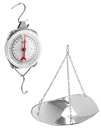 QWORK 110 lbs Large Display Spring Dial Weight Scale & Scale Scoop/Chain with Hanging Cradle, Steel Construction, for Shopping, Traveling, Kitchen, Silver