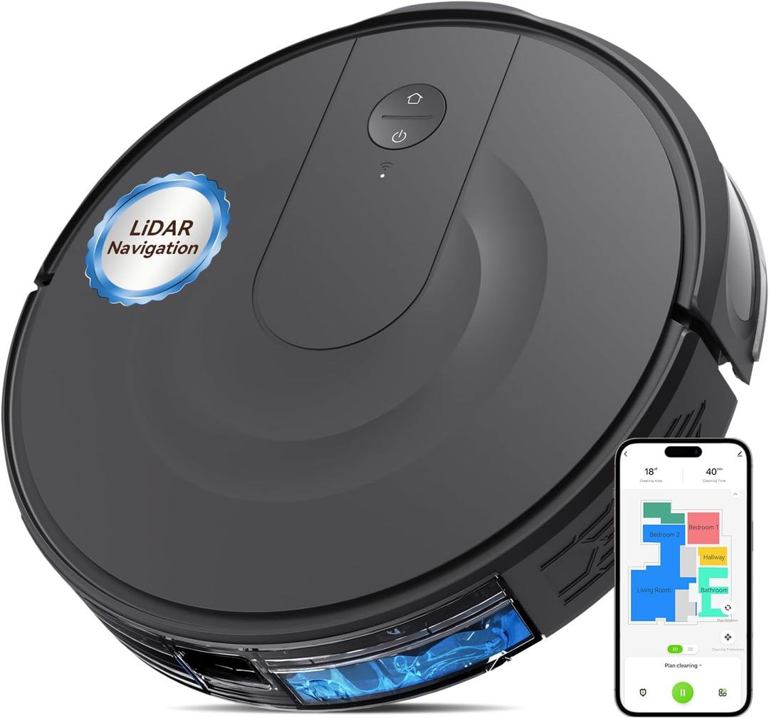Robot Vacuum and Mop Combo with 9000Pa Suction, LiDAR Navigation & Ultra-Slim Design, Auto Recharge, Smart Mapping Robotic Vacuum Cleaner for Pet Hair, Hard Floors & Carpets