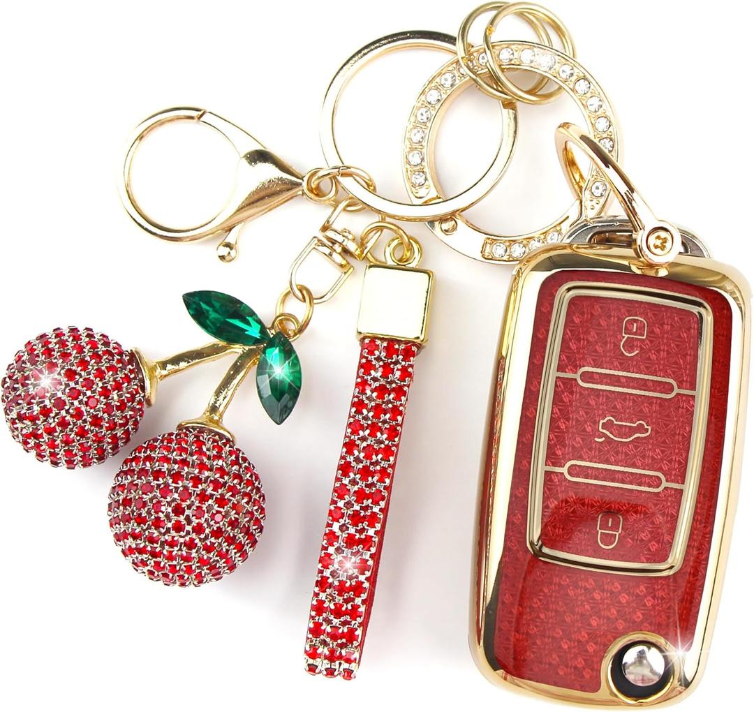 Rayslesan Sparkly Key Fob Cover with Cherry Keychain, Bling TPU Smart Key Case for Women, Compatible with VW Tiguan Passat (B7) Polo MK5 Touran Jetta (MK1-MK6) Beetle Scirocco (3-Button, Gold Red)
