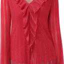 Gaharu Women's Dressy Blouses Long Sleeve Ruffle Shirts Casual Loose Fit Mesh Double Layers Flowy Tunic Tops (Red)