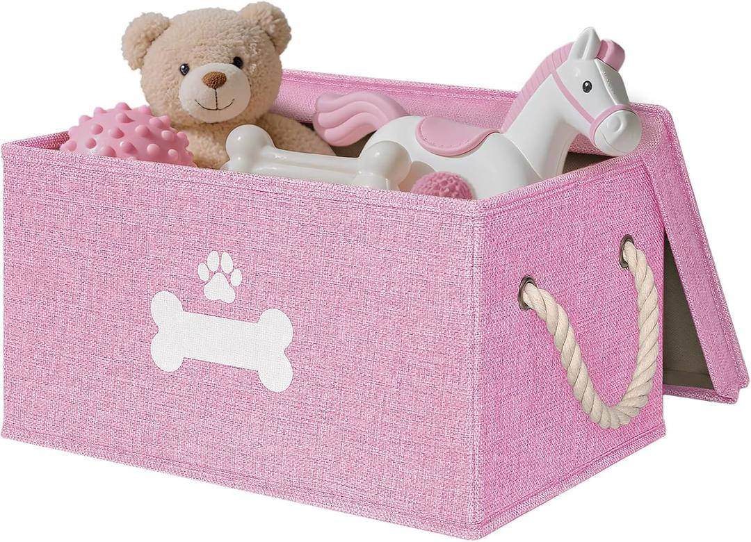 Dog Toy Basket with Lid, Dog Basket for Toys, Dogs Toy Box with Cotton Rope Handles, Collapsible Storage Bins for Pet Toys, Dogs Storage Organizer, Pink (Medium)