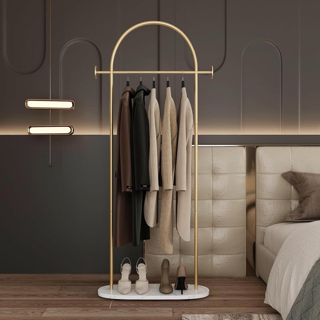 Modern Gold Coat Racks with Marble Base, Gold Clothing Racks with Shelves, Heavy Duty Clothes Rack Stand for Entryway, Bedroom, Living Room, Boutiques