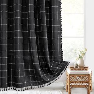 Gibelle Extra Long Shower Curtain 72 x 84, Tall Boho Farmhouse Tassel Shower Curtain, Rustic Country Aesthetic Waffle Chic Textured Bathroom Curtains Shower Set with Hooks, Black