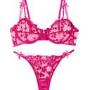 Lilosy Sexy Cute Underwire Push Up Strappy Heart Embroidered Mesh Sheer Lingerie Set for Women Bachelorette See Through Bra and Panty 2 Piece Bow Hot Pink Medium