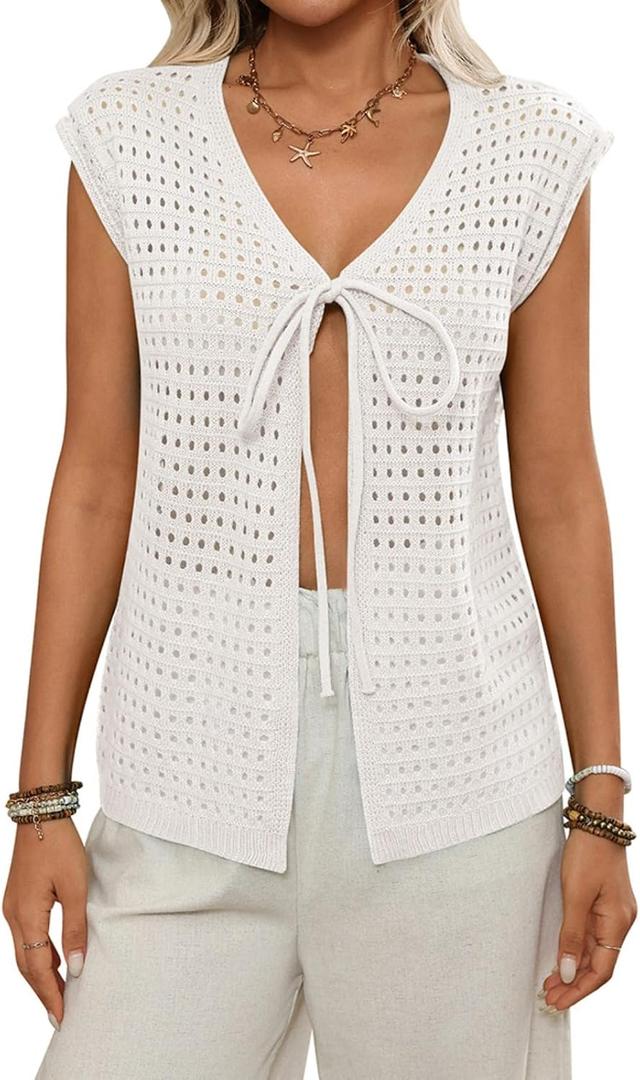 Women's 2026 Summer Short Sleeve Cardigan Sweater Tops Hollow Out Tie Front Y2k Crochet Vest Knit Beach Cover Ups (S)