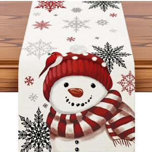 OTOSTAR Snowflakes and Red Snowman Christmas Table Runner, Xmas Seasonal Winter Holiday Kitchen Dining Table Decoration for Home Party Decor 13x48 Inch