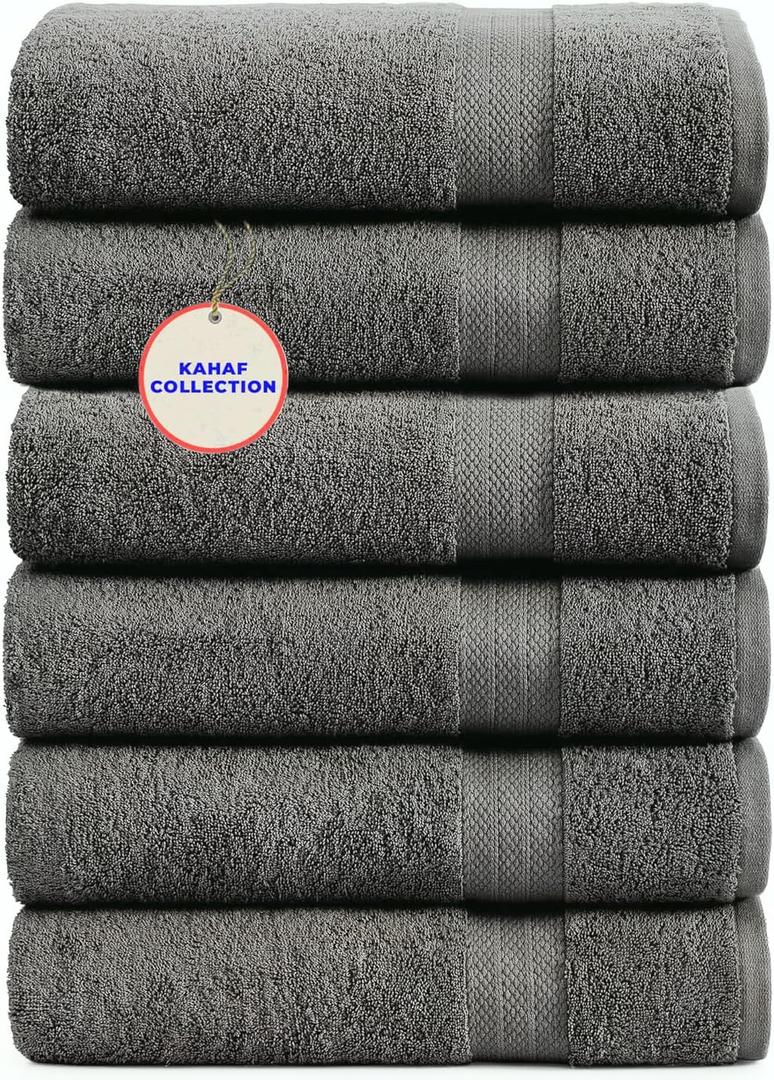 KAHAF COLLECTION 100% Cotton Bath Towels, 24x48 Pack of 6 Towels, Quick Dry, Highly Absorbent, Soft Feel Towel, Gym, Spa, Bathroom, Shower, Pool, Luxury Soft Towels (Light Grey, 24x48-6 Pack)