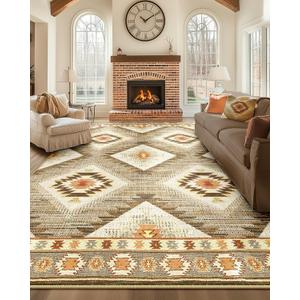 Area Rug 9x12 Rug Machine Washable Non-Slip Low Pile Print Pattern Western Rug for Living Room Bedroom Entryway Tribal Series -Cream/Camel