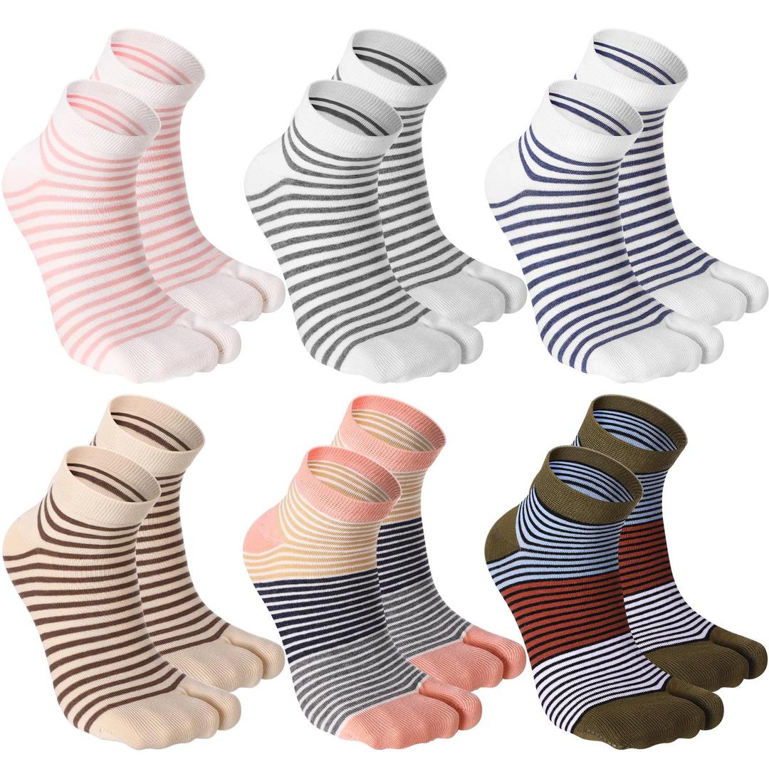Fourluoo 6 Pairs Women's Flip Flop Socks Tabi Two Toe Split Polyester Cotton Breathable Crew Ankle Sandal Socks for Athletic Women