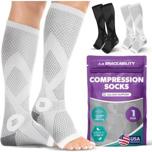 BraceAbility Compression Socks for Circulation - 20-30 mmHg Knee High Neuropathy Open Toe Stockings for Varicose Veins, Running, Shin Splints, Toeless Support for Men or Women - 1 Pair (M - Gray)