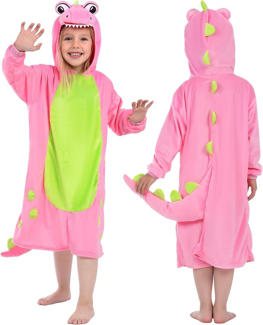 T-Rex Dinosaur Costume Hoodie Dress for Girls 4 to10 Years - Cute Dino Outfit with Hood for Halloween & Parties