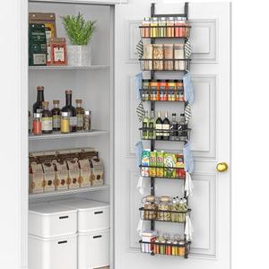 HuggieGems Over The Door Pantry Organizer, 7-Tier Metal Pantry Organization and Storage for Kitchen with Adjustable Shelves, Hanging Spice Seasoning Rack, Black