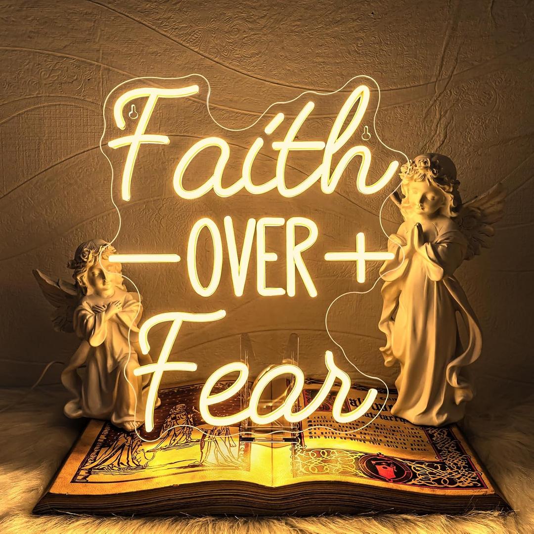 WLHOPE Faith Over Fear Neon Sign Bible Verses Neon Signs for Wall Decor Christian Led Lights Religious Light Up Church Prayer Room Home Bedroom Club Party Christian Gifts