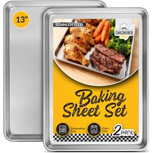 Checkered Chef Baking Sheet Set - 13" x 9.5" Stainless Steel Quarter Pans for Baking and Cooking (2 Pack)