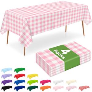 4 Pack Pink Gingham Tablecloth Plastic, 54 x 108 Inch Rectangle Table Cloth Disposable, Valentines Day, Easter Party, Mothers Day Decorations Tablecloths, Birthday Picnic Plastic Cover