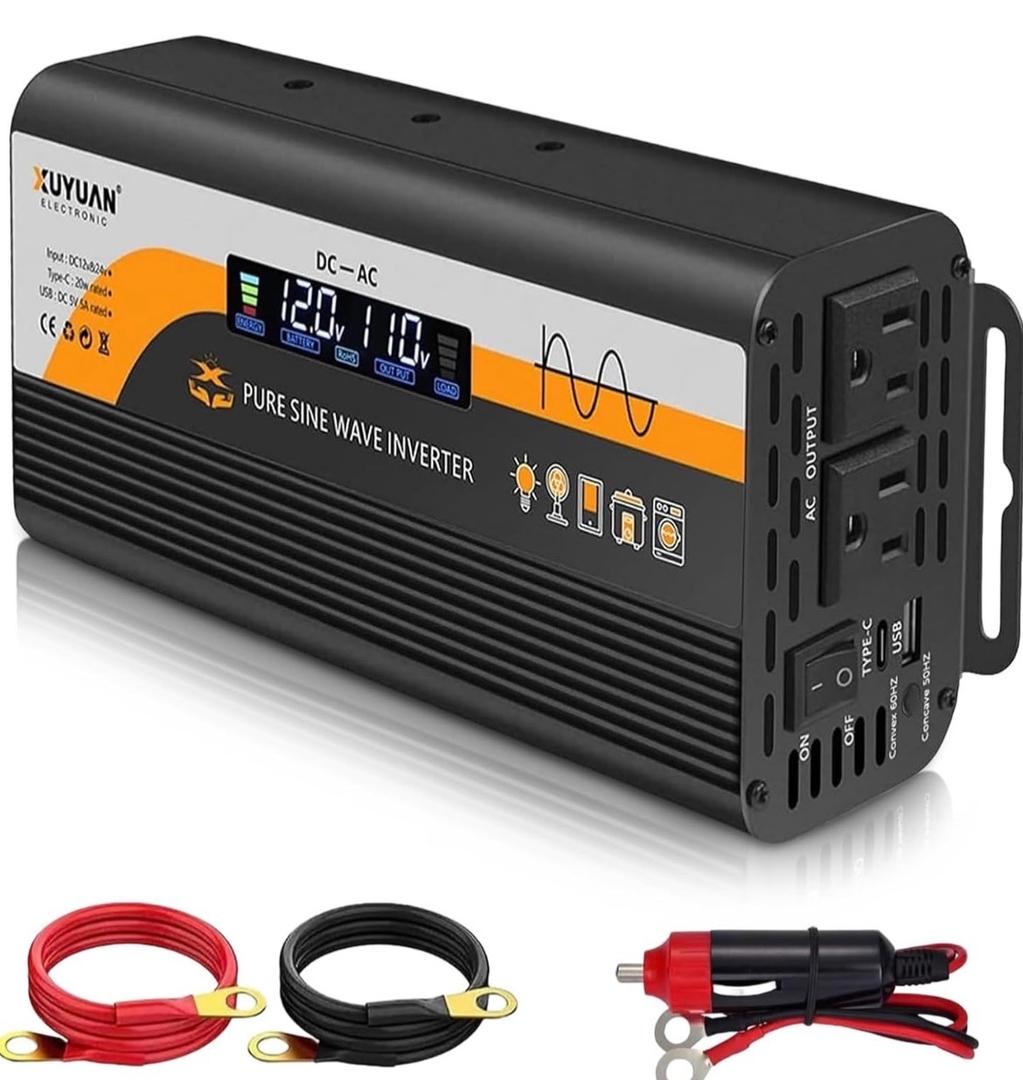 1000W Pure Sine Wave Inverter, 12V/24V Auto-Detect, 50Hz/60Hz Switchable, LCD Display, Type-C Fast Charging, Silent Design, Overload & Overheat Protection for RV, Home