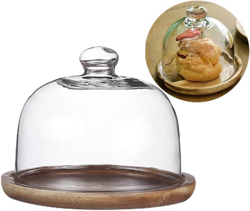 Glass Dessert Dome with Wood Base,Mini Cake Stand,Cake Plate Wooden Plates with Dome,Fruit Display Server Tray for Kitchen, Birthday, Wedding,Appetizer Dessert and Cheese Serving Stand (Round-5inch)