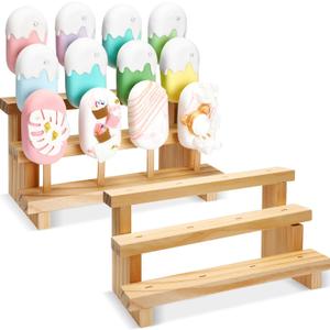 Bokon 2 Pcs Cakesicle Stand Wood Lollipop Holder Display 3 Tier Candy Sticks Holder 12 Holes Wooden Rectangle Cakesicle Shelf for Wedding Birthday Party Baby Shower 4 mm Lollipop Stick (Wood Color)