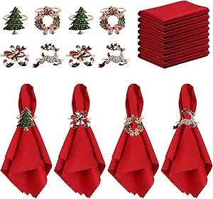 16 Pcs Christmas Napkin and Ring Set,8 Pcs Exquisite Christmas Napkin Ring Holder and 8 Pcs Red Washable Christmas Napkins Cloth for Christmas Holiday Dinner Party Table Decoration