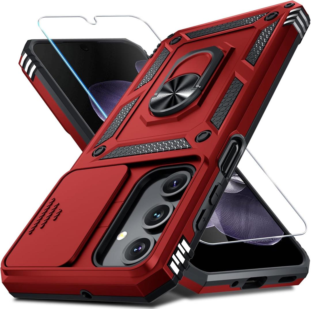 Janmitta Compatible with Samsung Galaxy A16 5G/4G Case Built in Slide Camera Lens Cover+Screen Protector+Finger Ring Holder Kickstand,Heavy Duty Shockproof Full Body Phone Cover,2025 Red