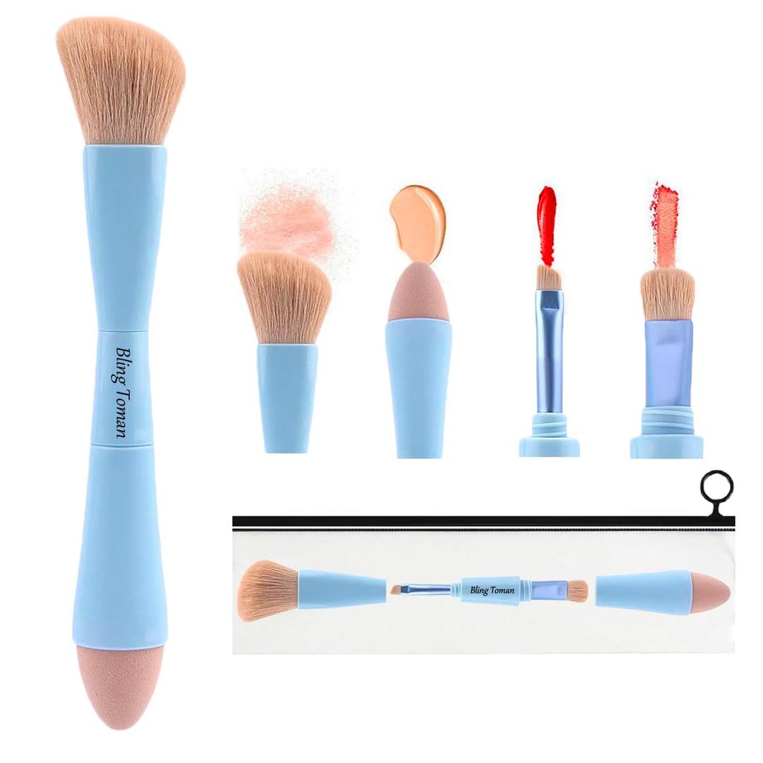 4-in-1 Makeup Brush, Makeup Sponge, Blush Blending, Eyeshadow, Eyebrow & Liner Lip Face Foundation All-in-One Brushes Travel Makeup Brush Set Mini Makeup Tools Kit, Cosmetics Gift for Women