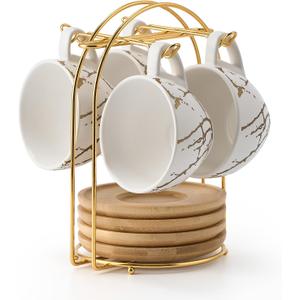 LUKA Ceramic Demitasse Espresso Cups Set with Saucers and Metal Stand, 8 oz Porcelain Stackable Cappuccino Cups Teacup For Tea, Espresso, Latte, Coffee, Cafe Mocha, Set of 4, White
