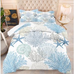 Summer Coastal Comforter Set Beach Blue Shells Printed Pattern Quilt Bedding Set with 2 Pillow Case for Bedroom Dormroom All Season Queen 104x90inches