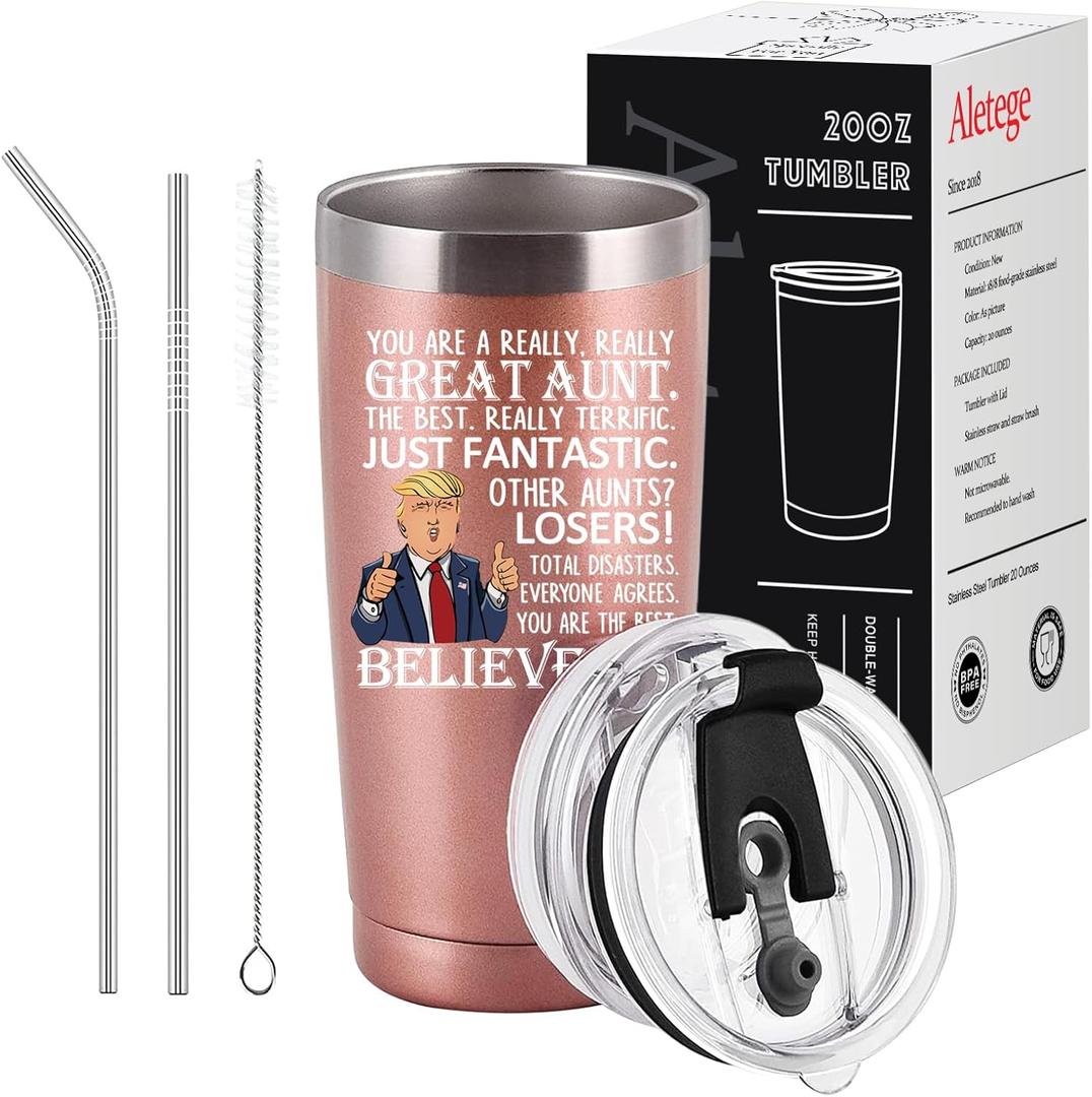 Gifts for Aunt, Great Aunt Travel Tumbler, Funny Birthday Mothers Day Gifts for Auntie from Nephew Niece, 20 OZ Rose Gold