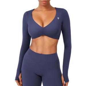 YEOREO Long Sleeve Crop Tops for Women Agantha Deep V Neck Ruched Padded Workout Gym Cropped T Shirt Top with Thumb Holes (Medium)