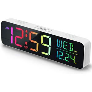 Peakeep Large Display Digital Alarm Clock for Bedrooms, Date Day of Week Desk Table Clocks for Living Room Office, Dimmable Plug in Electric Clock, 5 Volumes, Loud, Auto DST (White + 8 Colors)
