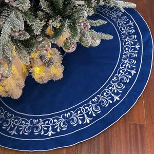Blue Christmas Tree Skirt Velvet 36 inchElegant Velvet Fur Plush Blue Tree Skirt, Xmas Tree Skirts with Floral Embroidered Vintage Pattern Round for Merry Christmas Party Xmas Tree Decorations