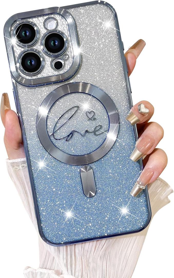Fiyart Designed for iPhone 15 Pro Max Case,Compatible with MagSafe Love Heart Plating Camera Protection TPU Magnetic Glitter for Women Girls Shockproof Phone Bumper 6.7"-Blue