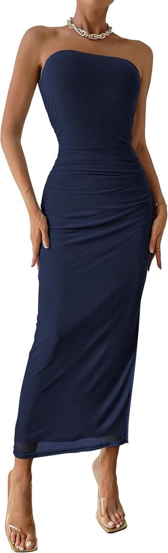 PRETTYGARDEN Women's Summer Wedding Guest Dress Strapless Tube Top Maxi Bodycon Long Floral Mesh Beach Vacation Party Dresses (Blue, L)