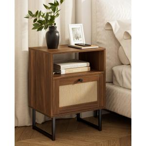 Masupu Extra Large Rattan Nightstand,Modern Boho Farmhouse Wood Bedside Table with Storage Drawer and Open Shelf, Black Frame Side End Table for Bedroom,Living Room,Office (Walnut)