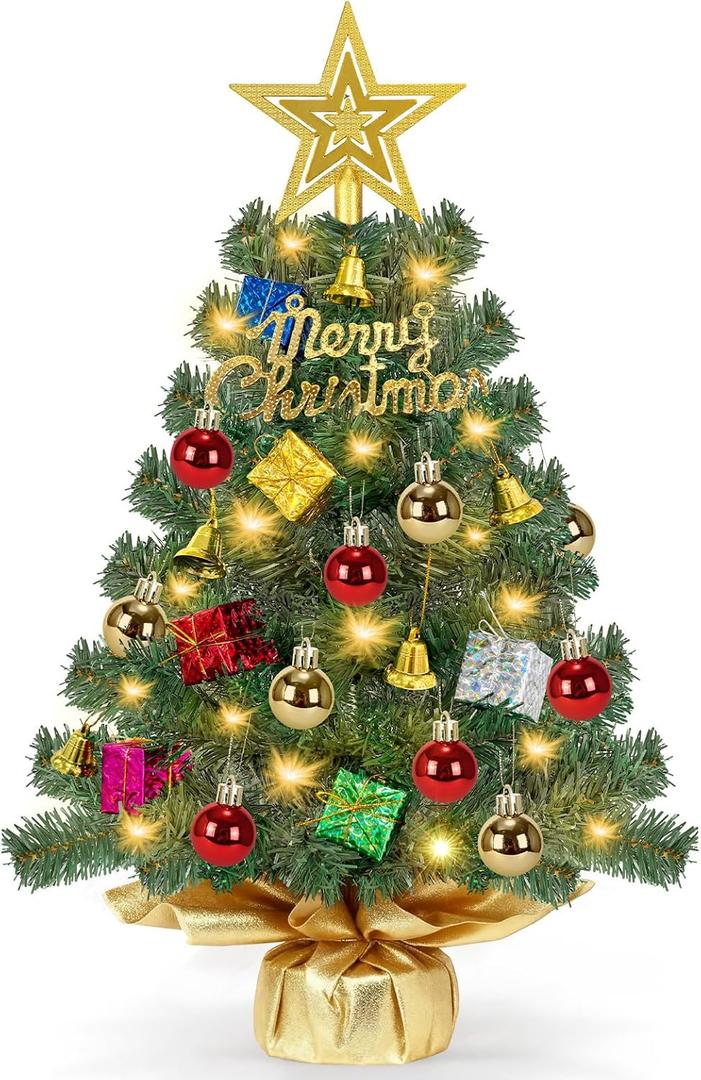 [ Timer & 8 Modes] 24 Inch Realistic Tabletop Christmas Tree with 50 Warm White Lights Star Treetop and Ornaments Small Small Artificial Christmas Tree for Indoor Home Table Christmas Decorations