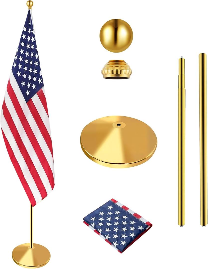WJTQTBT Indoor Flag Pole Kit with Weighted & Thickened Base 6-8FT,Aluminum Commercial Indoor Flagpole for Office School City Hall,Heavy Duty Indoor Telescoping Flag Pole,Golden 1 Pack