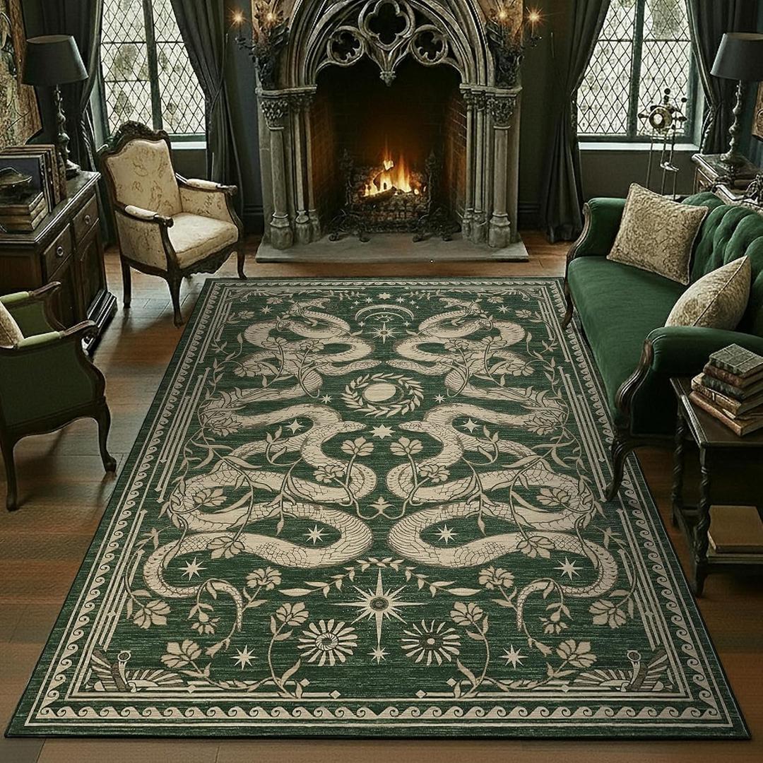 Snake Washable Rugs 6x9 Area Rug for Living Room Forest Soft Low-Pile Stain Resistant Thin Carpet for Bedroom Dining Nursery Non Slip Mat with Rubber Back Green