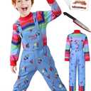 LENOAPHYS Five Sizes Halloween Chucky Costume for Kids Outfit Jumpsuit Long Sleeve Rainbow Shirt 5 Sheets Scar Tattoos Prop Knife Toy - XS Size