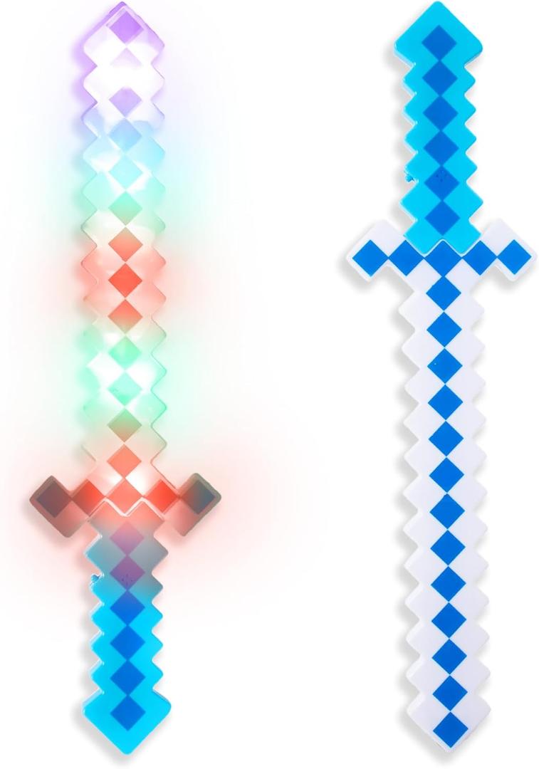 Fun Central 2-Pack LED 24 Light-Up Blue Pixel 8-Bit Toy Swords for Kids Flashing Light Set, Gamer Stocking Stuffers & Party Accessories