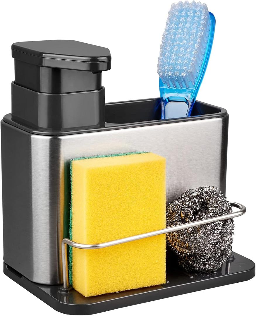 RedCall Soap Dispenser for Kitchen Sink, 3-in-1 Sponge Holder for Kitchen Sink Caddy, Stainless Steel Kitchen Sink Organizer Tray Drainer Rack, Rustproof Dish Soap Dispenser Brush Holder Countertop