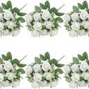 Ritzephyria 6-Pack White Silk Rose Bouquets, 60 Roses Artificial Flowers Heads with Faux Baby's Breath Stems Leaves, Fake Roses for Wedding Bouquets, Centerpieces & Home Table Décor