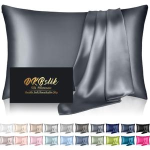 Mulberry Silk Pillow Cases Standard Size, Silk Pillowcase for Hair and Skin, Both Sides Natural Silk Satin Pillowcase for Sleeping Women with Zipper, Gifts for Women Men, Space Grey (Standard - 20x26 Inch)