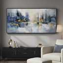 Framed Blue Abstract Wall Art for Living Room, Extra Large Modern Cityscape Canvas Artwork for Walls, Horizontal Contemporary Painting Print for Living Room Bedroom Office Wall Decor, 30x60 Inch