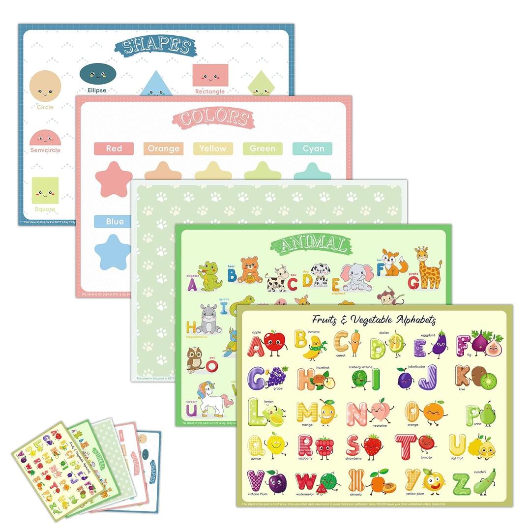 Disposable Placemats for Baby & Toddlers  Sticky Table Mats for Restaurants, Dining Table, Preschool & Parties  5 Fun Designs Animal, Fruit, Alphabet, Star & Shape  40-Pack, 12x16 Inches (Mixed Styles)